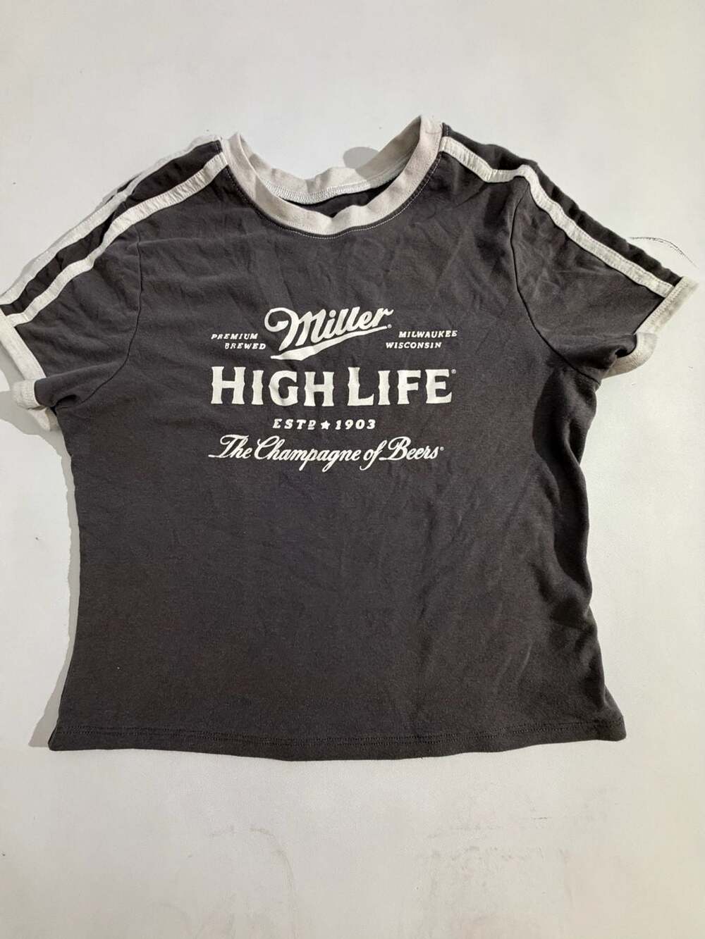 Miller High Life Baby Tee Ringer Stripe Graphic Crop Top Womens M